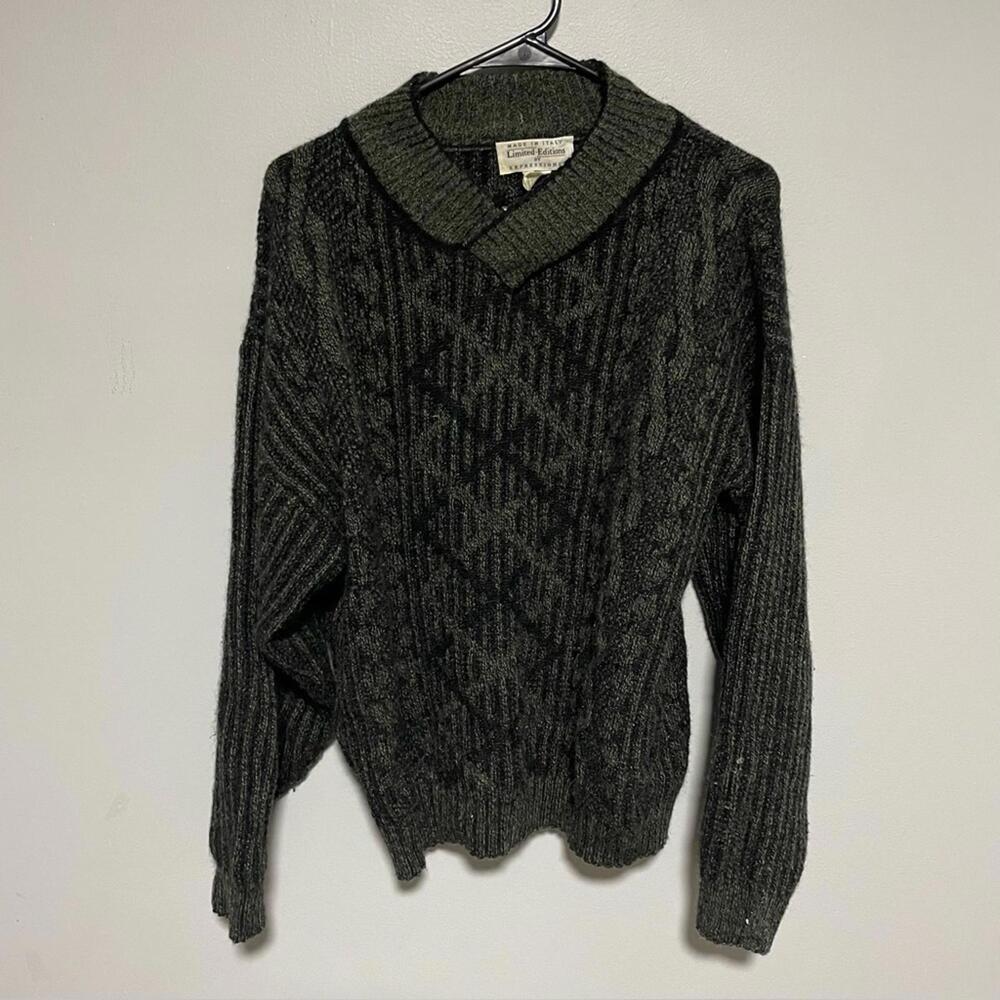 vtg Limited Editions By Expressions Knit green Sweater Leather Trim, Size Medium